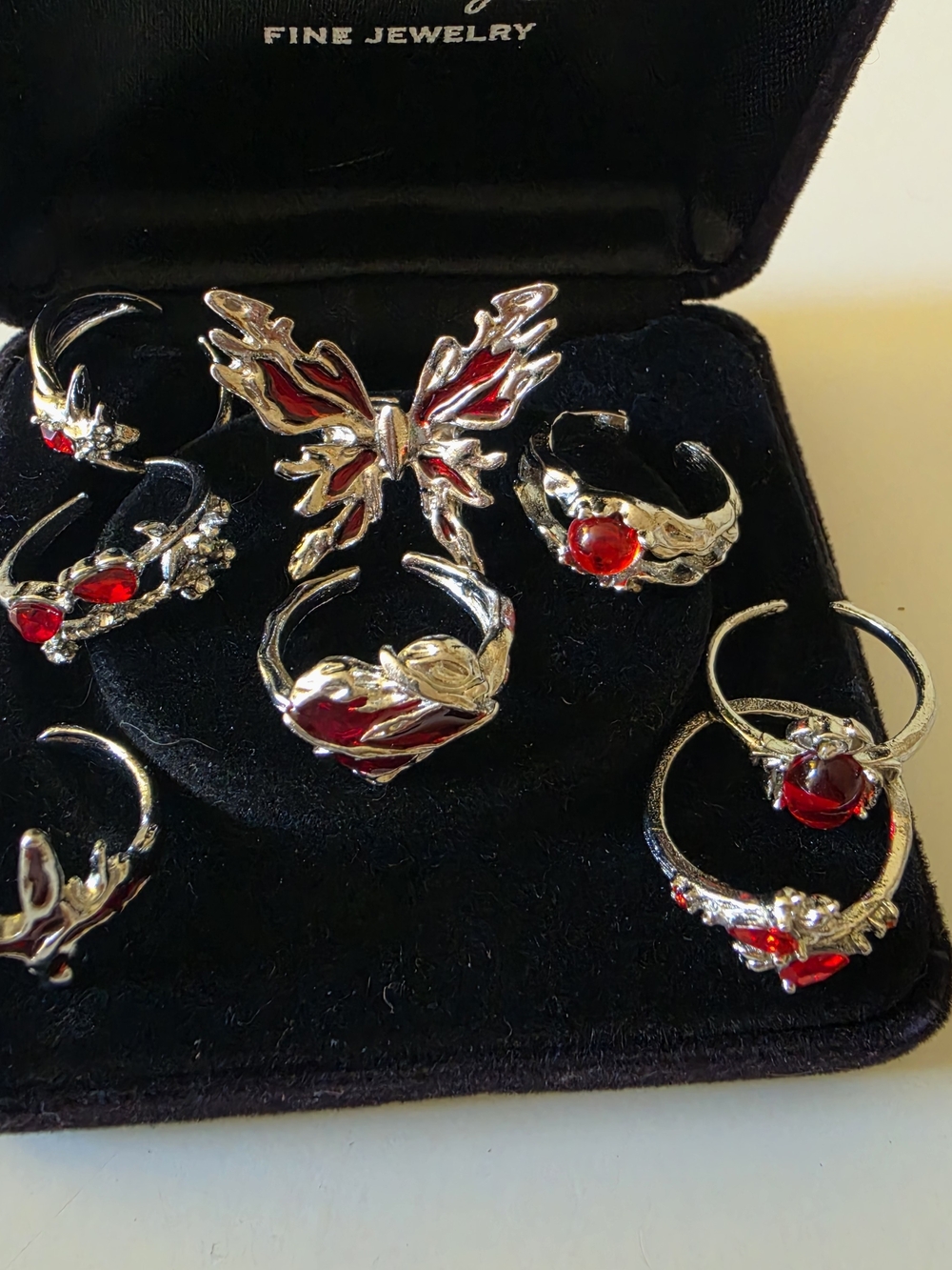 Silver-Tone Red Gem Butterfly Ring Set